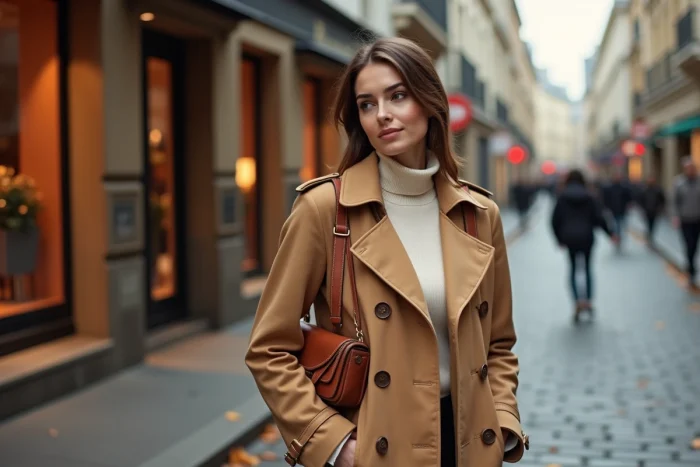 Femme élégante en manteau camel portant un sac en cuir cognac dans une rue parisienne pavée en automne 2024