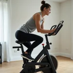 Femme utilisant le vélo de fitness Sportstech F-Bike X150 dans une salle de sport à domicile