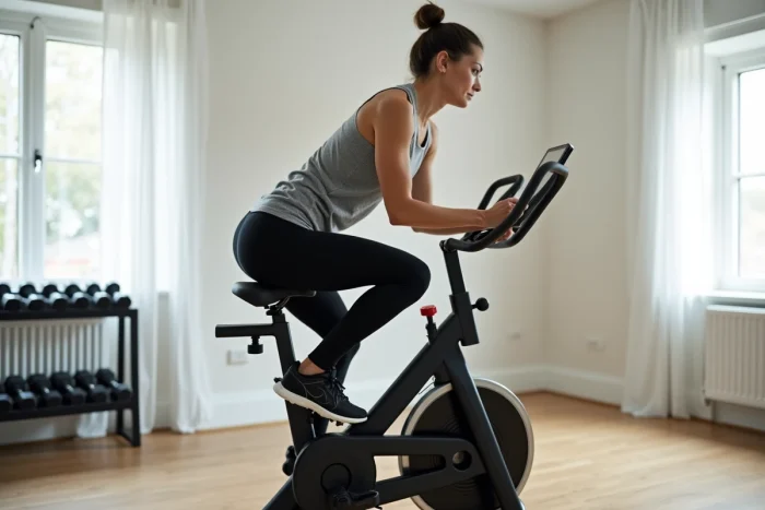 Femme utilisant le vélo de fitness Sportstech F-Bike X150 dans une salle de sport à domicile