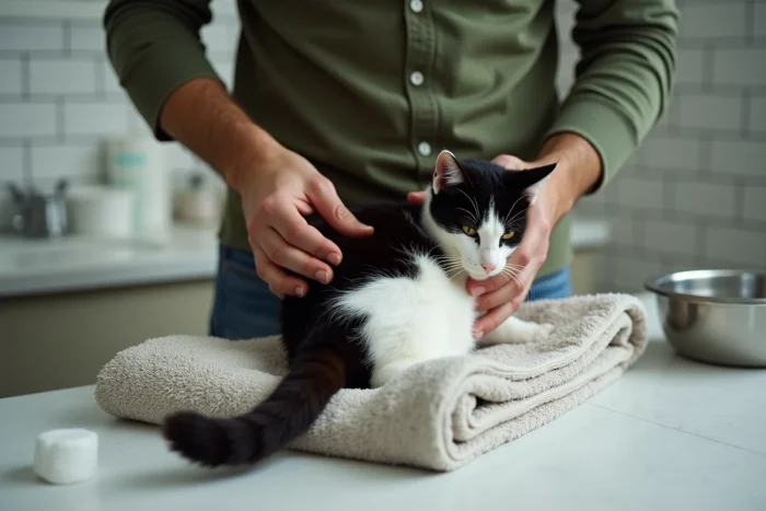 Propriétaire nettoyant l'arrière-train de son chat noir et blanc dans la salle de bain