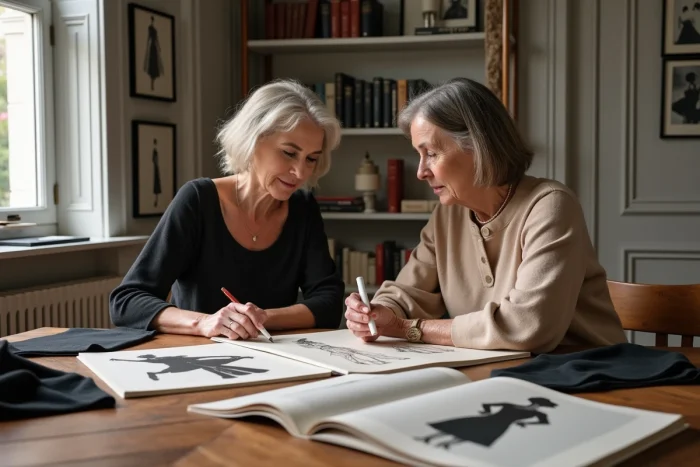 Deux créatrices de générations différentes collaborant sur des maquettes de mode inspirées de l'héritage Chanel dans un atelier élégant