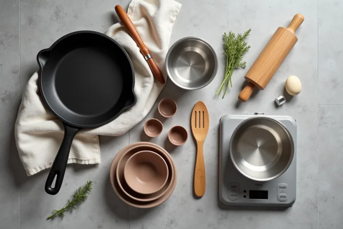 Vue aérienne d'un assortiment d'ustensiles et d'équipements de cuisine soigneusement disposés sur un tissu en lin gris