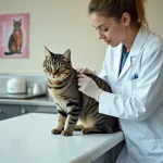 Vétérinaire examinant l'arrière-train d'un chat tigré sur une table de consultation clinique