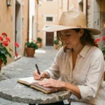 Femme en voyage dessinant dans un carnet dans une ruelle méditerranéenne pavée, activité culturelle incontournable