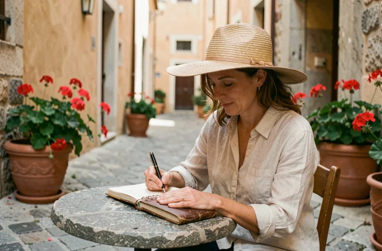 Femme en voyage dessinant dans un carnet dans une ruelle méditerranéenne pavée, activité culturelle incontournable