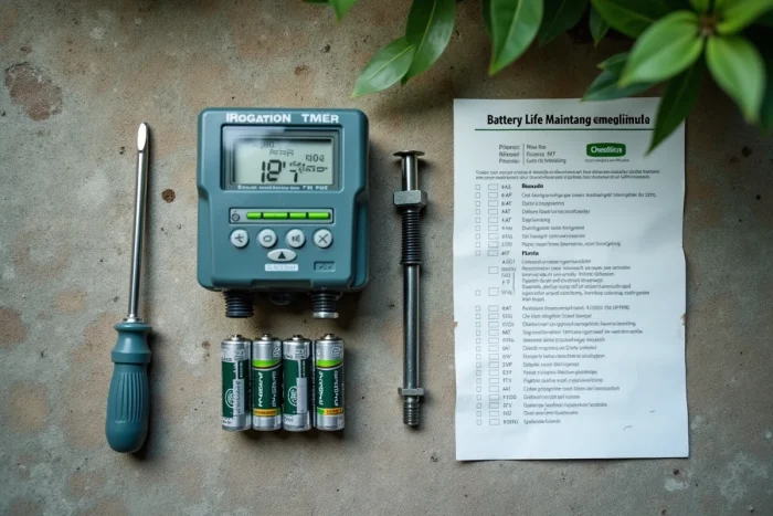 Vue de dessus d'un programmateur d'arrosage démonté avec piles AA et outils de maintenance sur béton